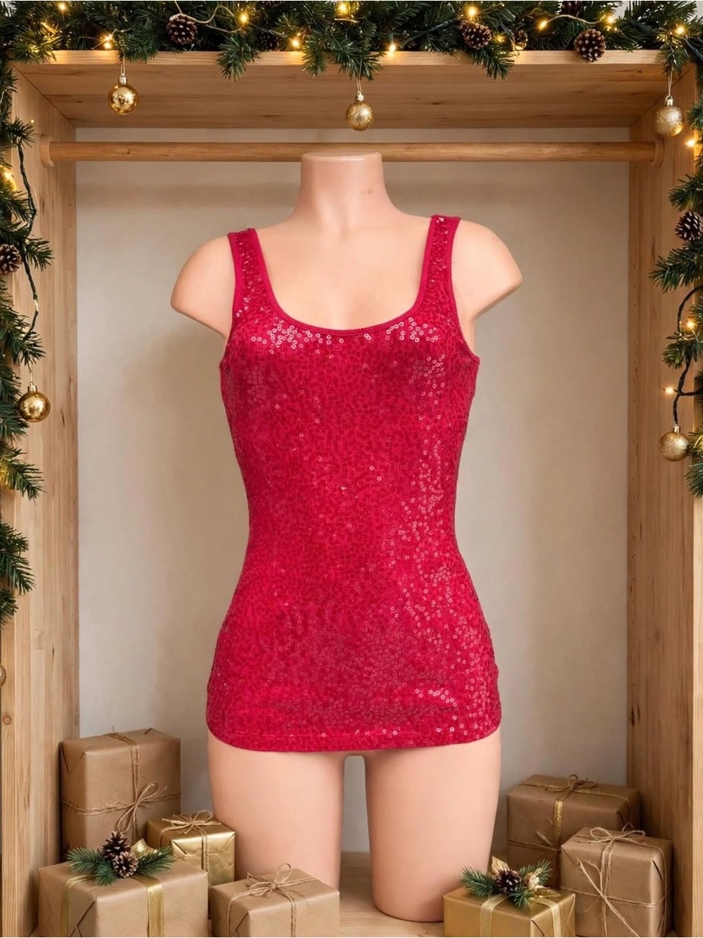 Women’s Express Red Sequin Scoop Neck Tank Top.
